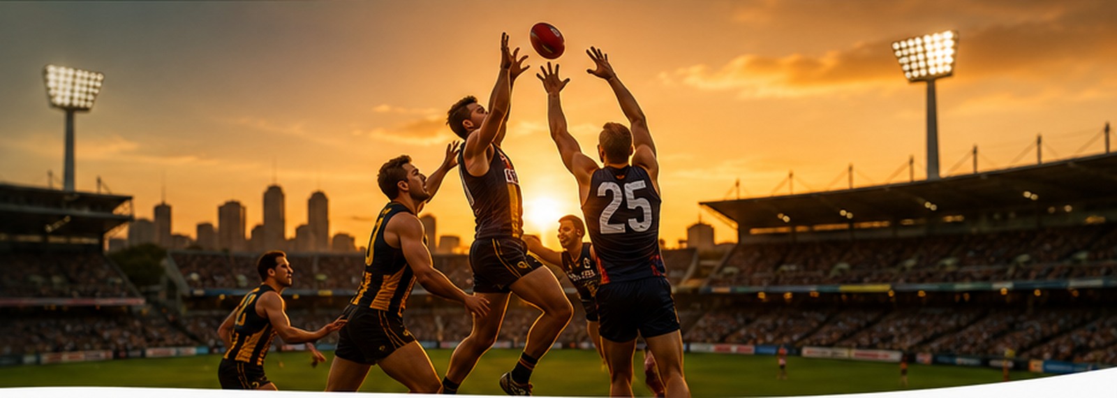 Australiska fotbollsspelare i en arena vid solnedgång